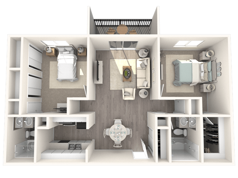 Floor plan for 2 beds, 2 baths, 935 sqft